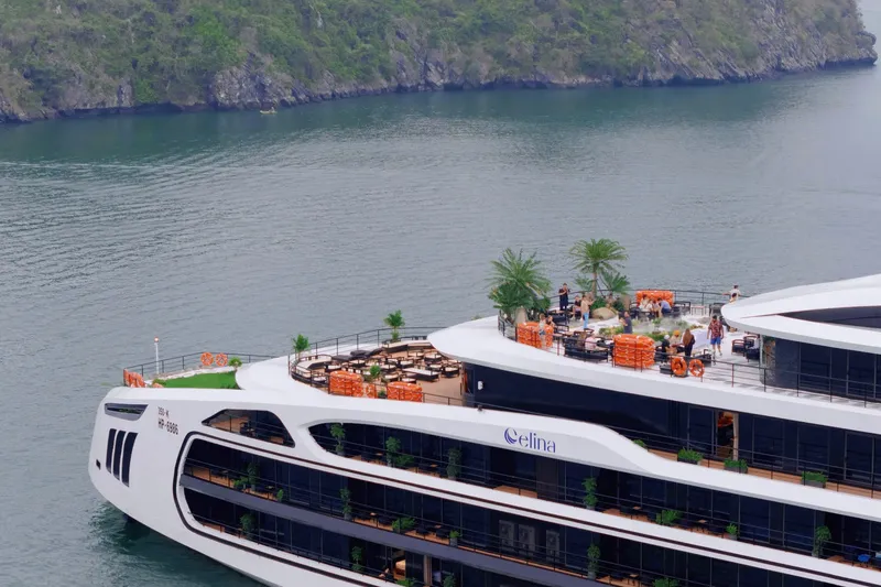 The Celina sundeck with palms and loungers seen from above