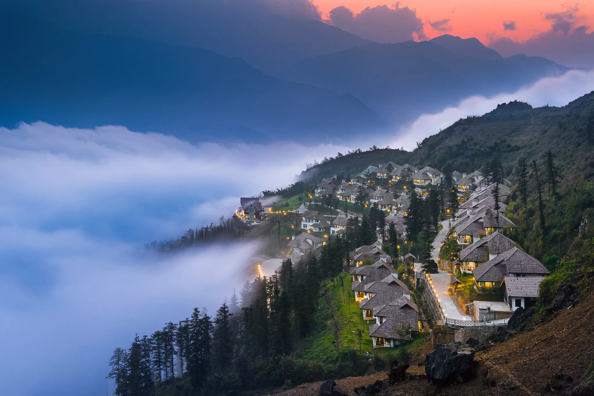 Beautiful view of Sapa mountains covered in mist