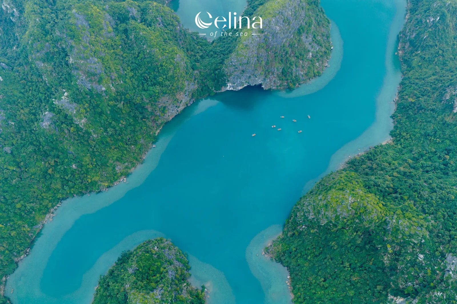 Aerial view of the turquoise lagoons of Lan Ha Bay