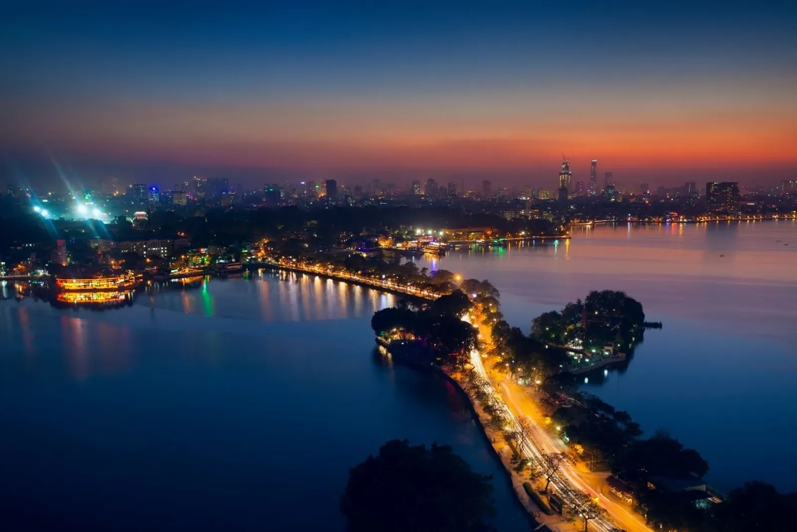 West Lake and Tran Quoc Pagoda at dusk from above, Hanoi
