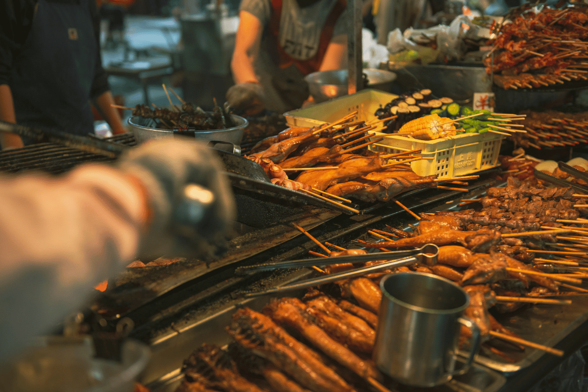 Street food in Da Nang market with various dishes