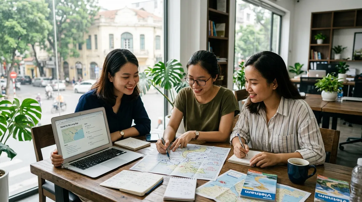 A trip designer marking a route on a paper map of northern Vietnam