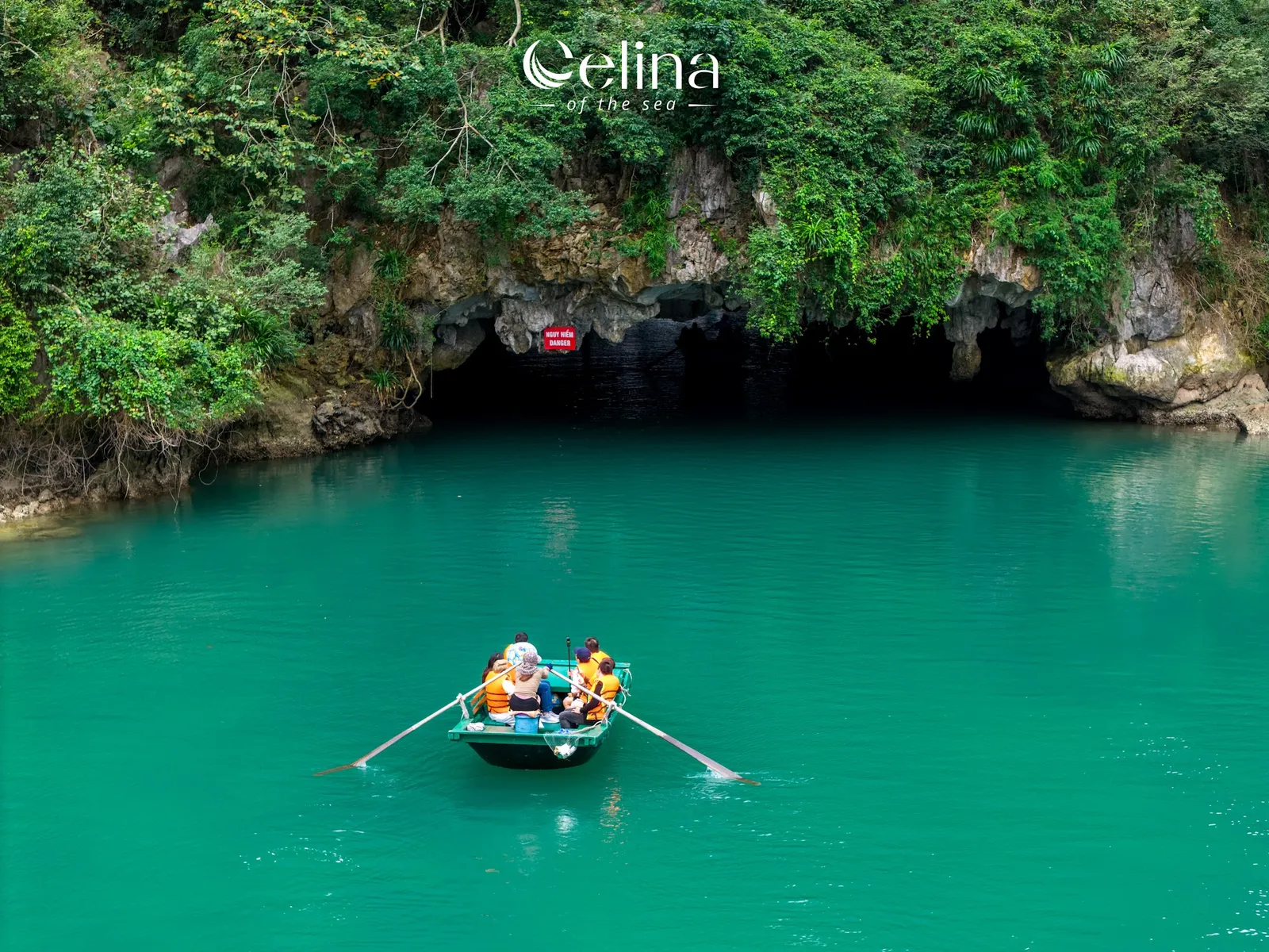 Bamboo boat in the enclosed lagoon at Dark & Bright Cave