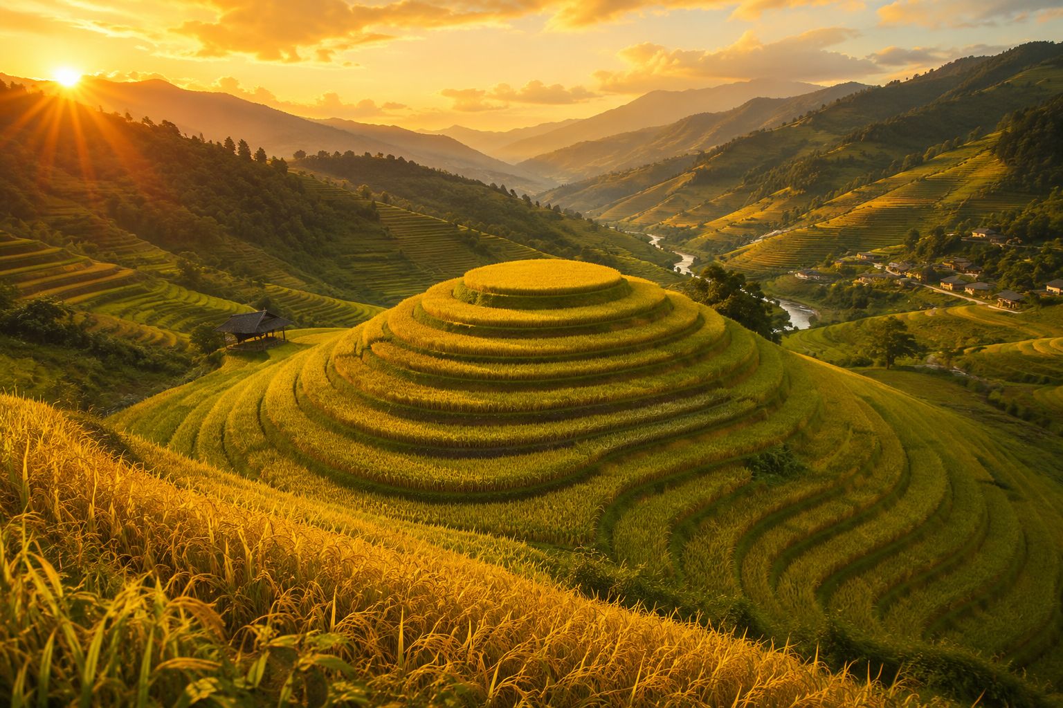 Golden ripe rice terraces at the Mam Xoi viewpoint in Mu Cang Chai, Vietnam, in late September.