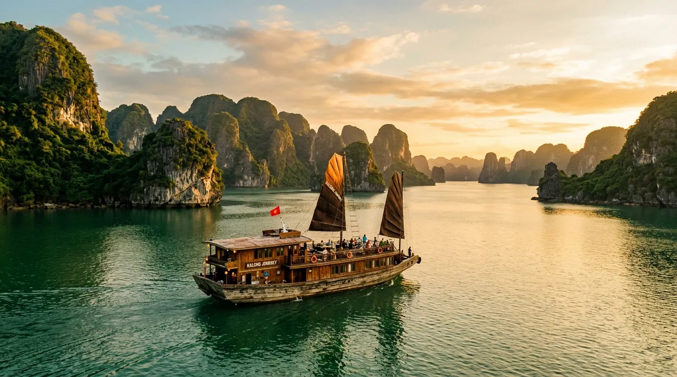 A wooden junk boat crossing the limestone karsts of Halong Bay at first light
