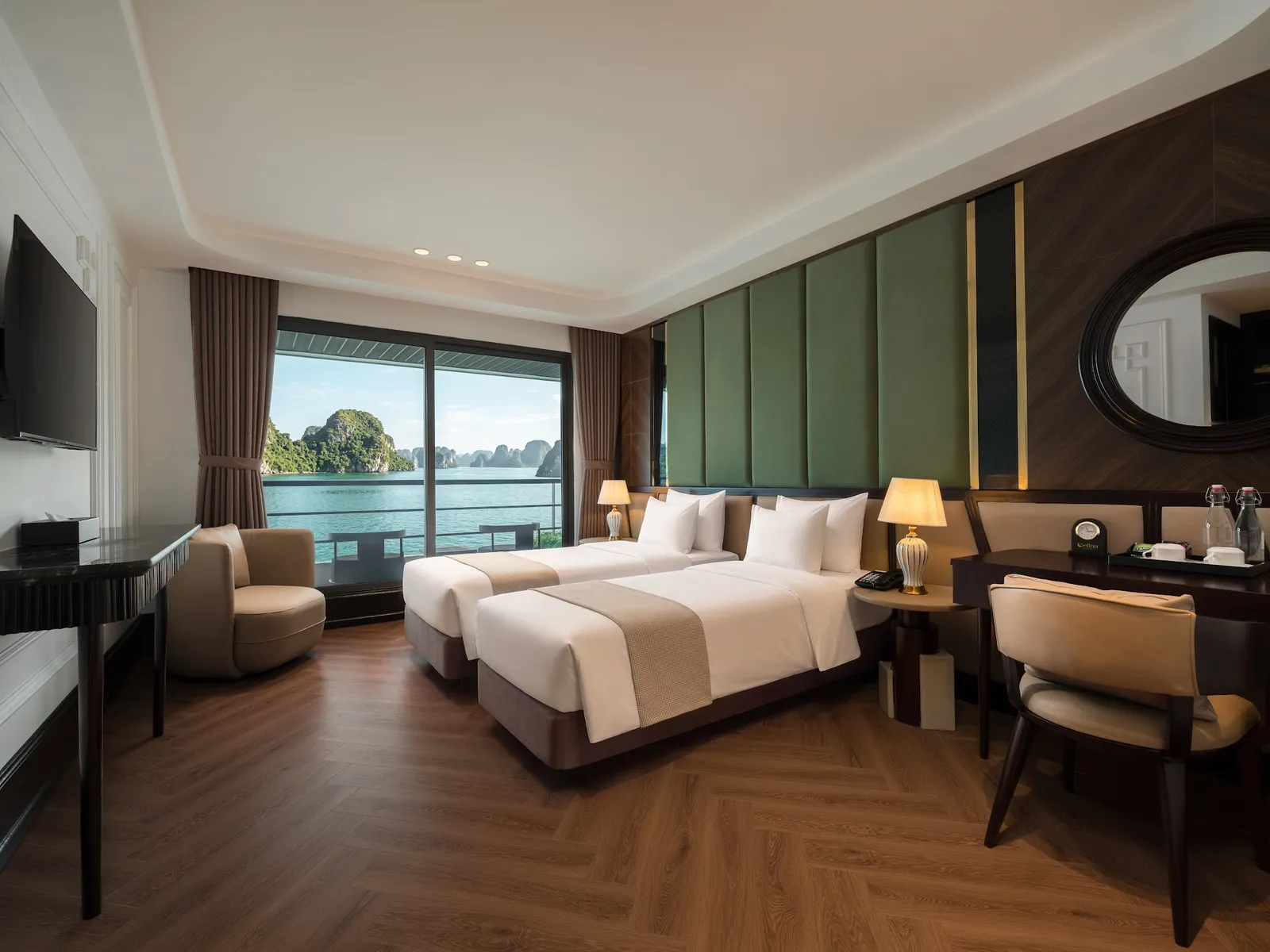 Twin balcony cabin with a view of the bay